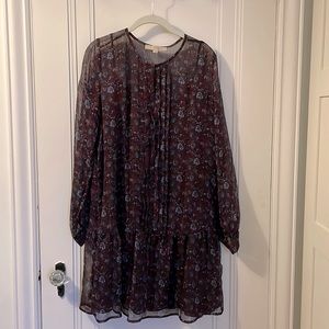LOFT flounce dress, pleats on front, sheer with slip dress, in mahogany color